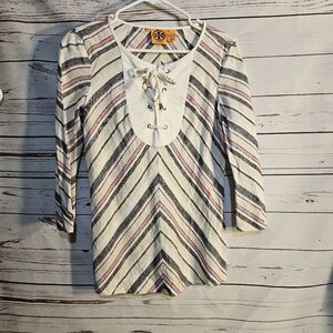 Tory Burch Top Striped 3/4 Sleeve Lace Up Neckline Pink Navy White‎ Size 6